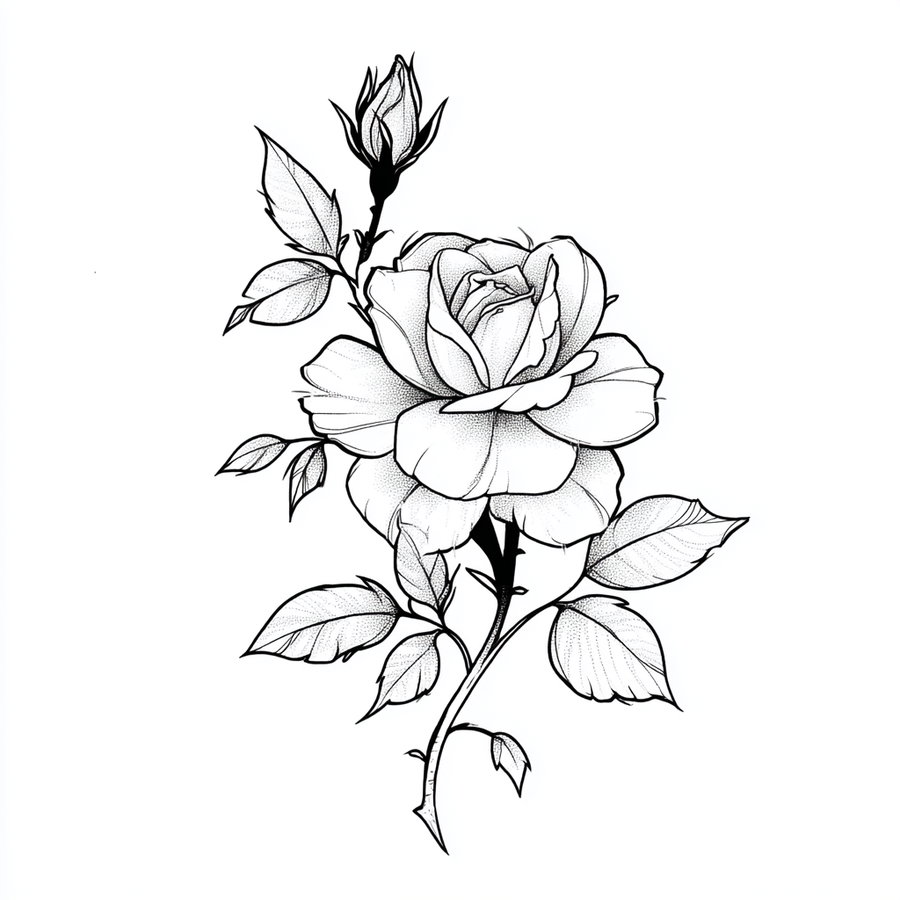Black and white line drawing of a fully bloomed rose flower with detailed leaves and a rosebud on a white background