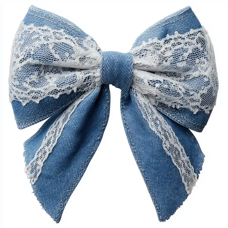 Blue denim bow with white lace trim for boho aesthetic decor