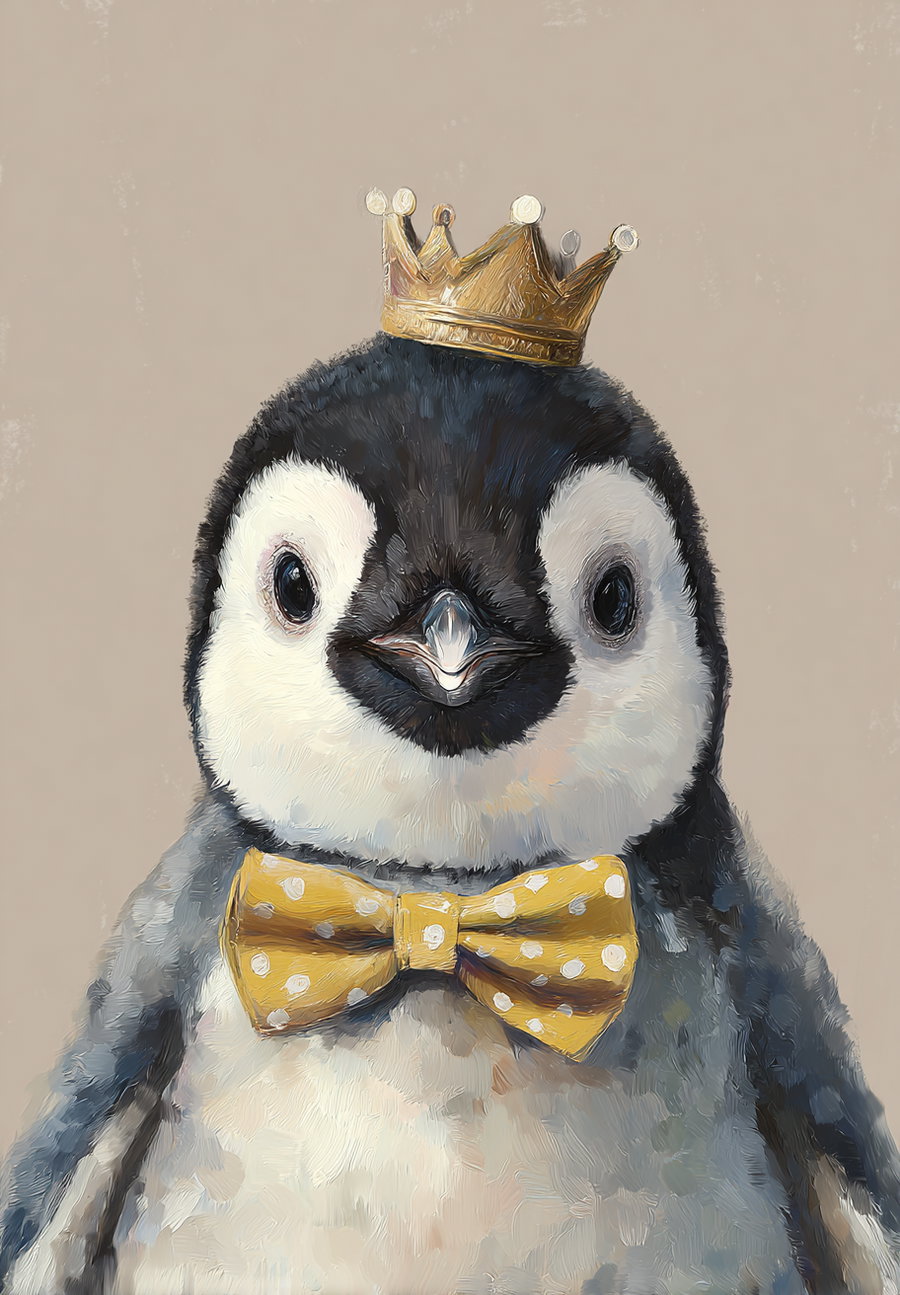 Digital painting of a baby penguin wearing a golden crown and a yellow bow tie with white polka dots on a beige background