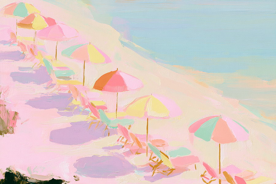 Painting of a beach with colorful umbrellas and lounge chairs casting shadows on the sand near the water