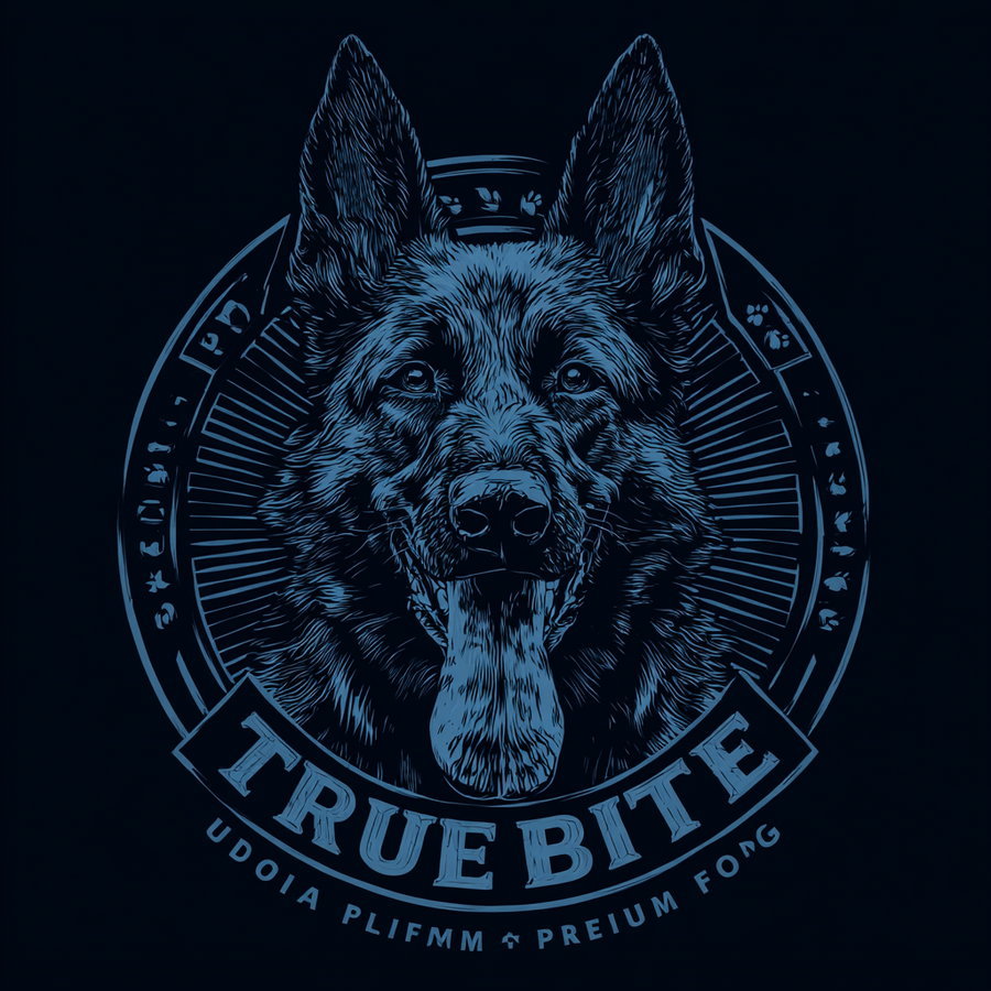 Blue toned detailed illustration of a German Shepherd dog's head with tongue out, surrounded by circular design elements and text