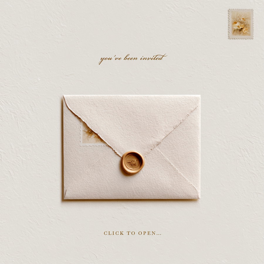 A beige textured envelope with a wax seal placed on a matching textured paper background, with the words 'you've been invited' above and 'click to open...' below
