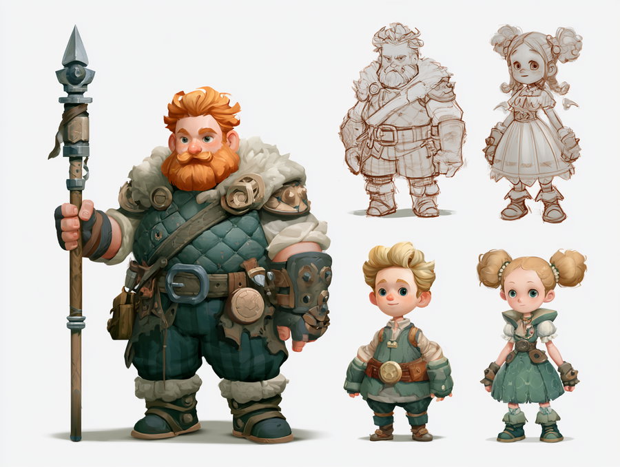 Digital illustration of a large bearded warrior holding a spear, accompanied by pencil sketches and colored versions of a young boy and girl in fantasy clothing