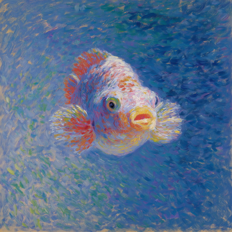 An oil painting of a fish with bright orange, pink, and white colors, set against a textured deep blue background.