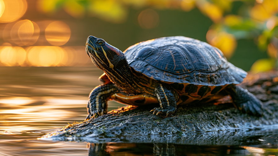 A turtle sitting on a log partly submerged in water with vibrant golden and green bokeh in the background