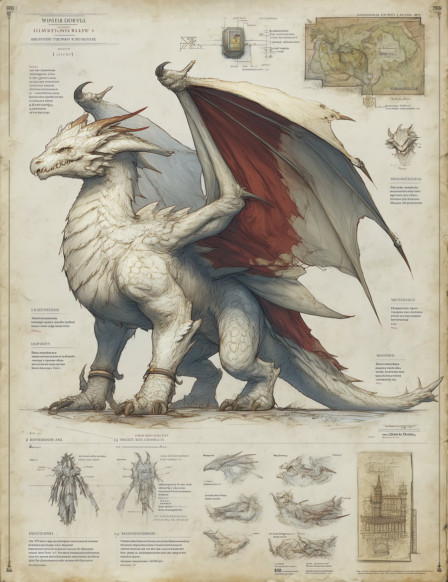 Illustration of a large white dragon with red inner wings, detailed sketches of its head, wing structure, and various angles, along with some technical notes and a map on aged paper background.