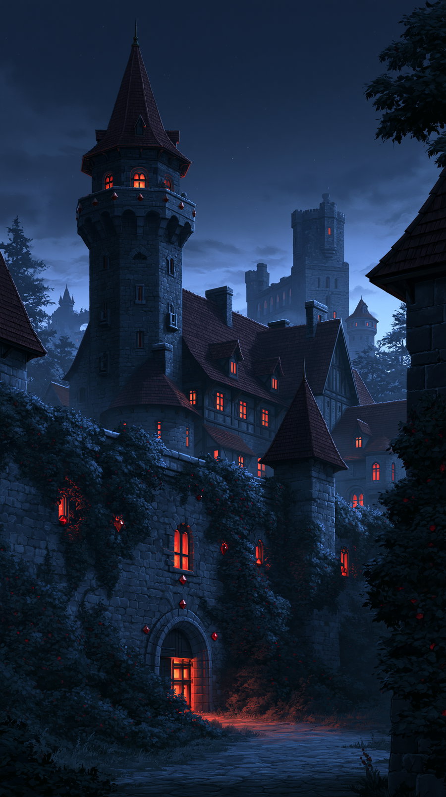 A large stone medieval castle with illuminated windows showing warm orange light at nighttime under a dark blue sky, surrounded by dark foliage.