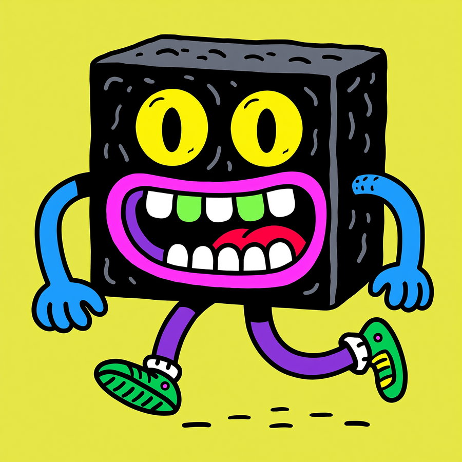 A colorful, cartoonish creature with a black textured cube-shaped head with big yellow eyes, a wide mouth with white and green teeth, blue arms, purple legs, green sneakers, set against a bright yellow background