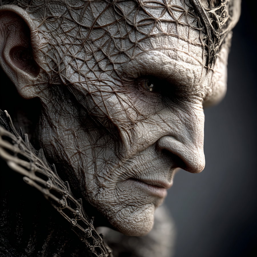 Close-up side view of a fantastical figure with pale, cracked skin covered in dark, web-like patterns and a somber expression