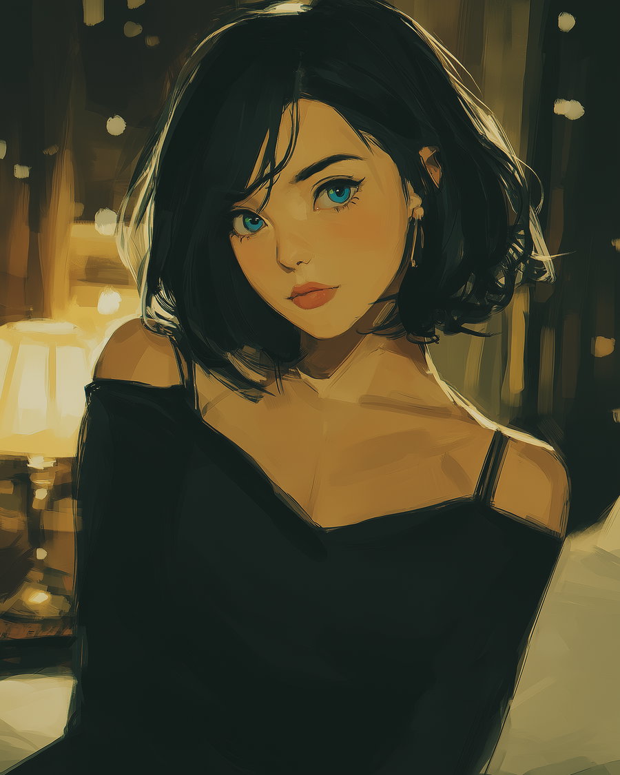 Digital painting of a young woman with blue eyes, short black hair, wearing a black off-shoulder top, with warm light background