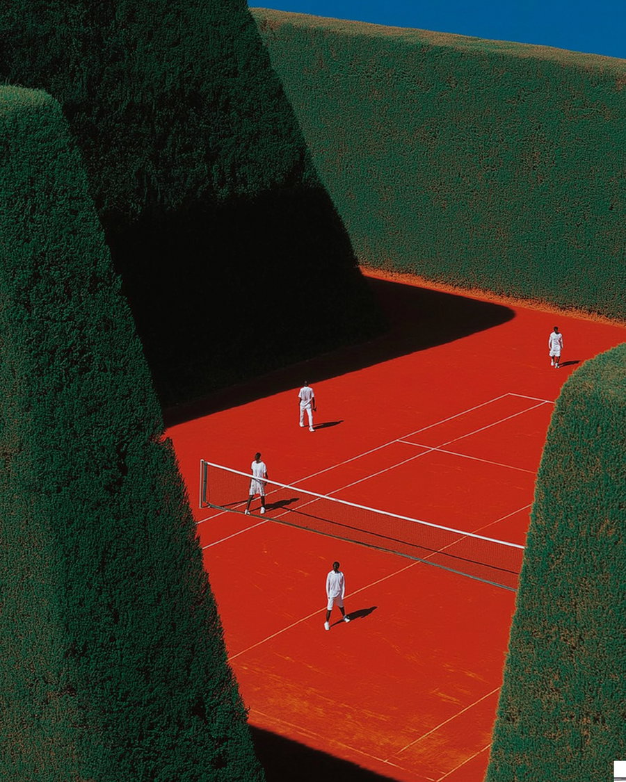 Four people dressed in white on a bright red tennis court surrounded by large neatly trimmed green hedges under a clear blue sky
