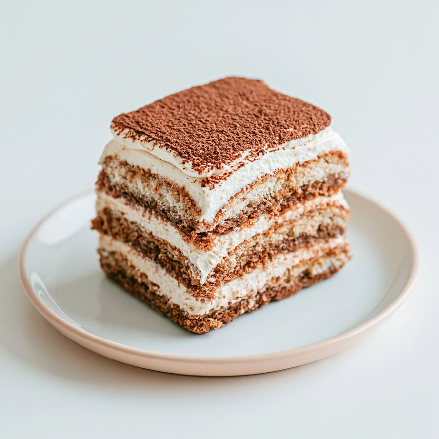 A close-up image of a rectangular slice of tiramisu dessert with layers of cream and sponge cake dusted with cocoa powder on top, served on a white plate with beige rim