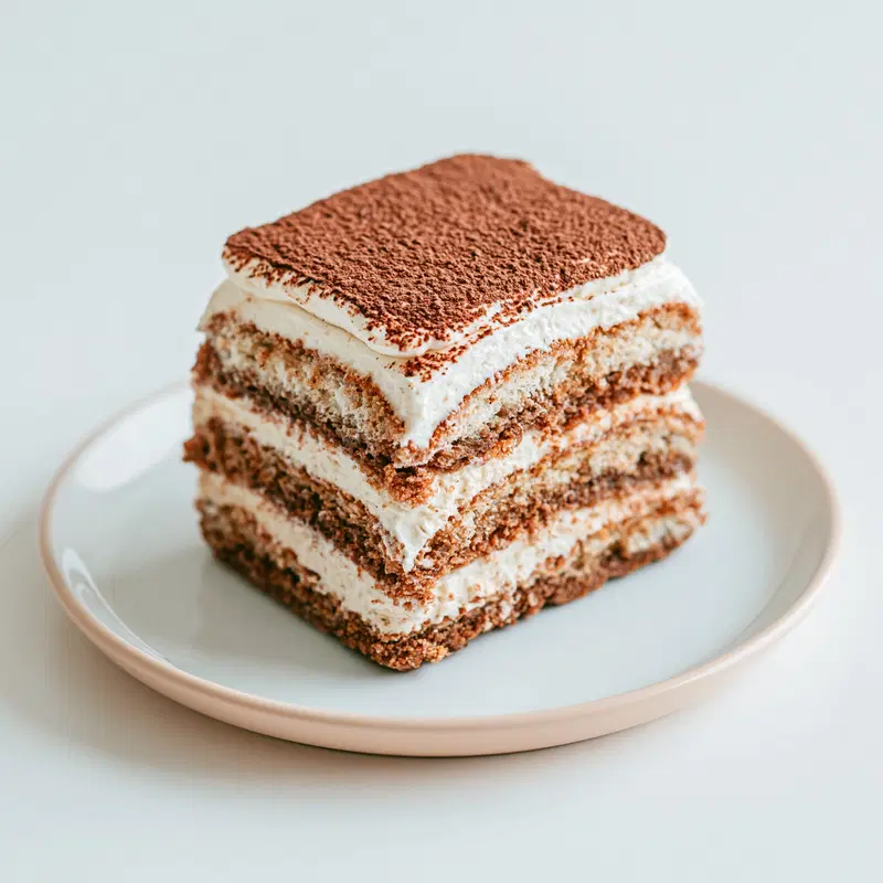 Still life close-up of a delicious layered tiramisu dessert on a white plate