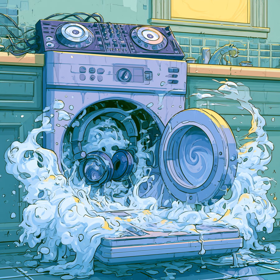 A digital artwork showing a washing machine in a kitchen with water splashing out, the top has DJ turntables, and headphones inside the drum.