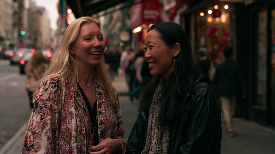 Two women standing and smiling at each other on a busy city street with blurred pedestrians and lights in the background