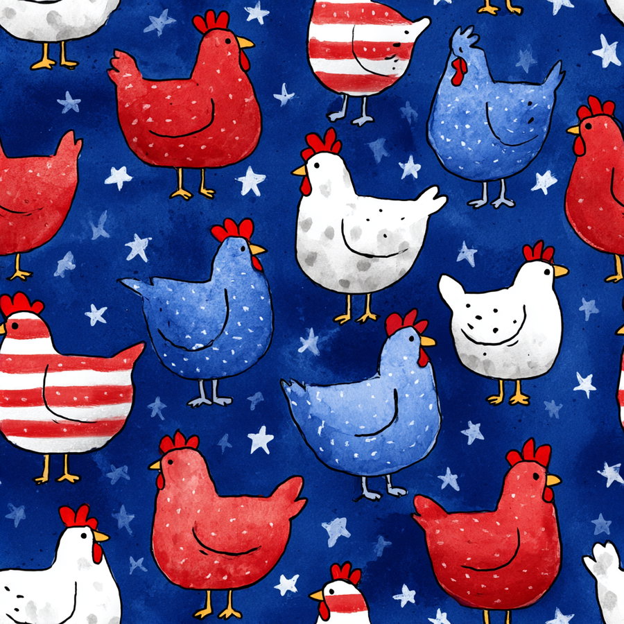 Illustrated pattern of red, white, and blue chickens with stars on a dark blue background