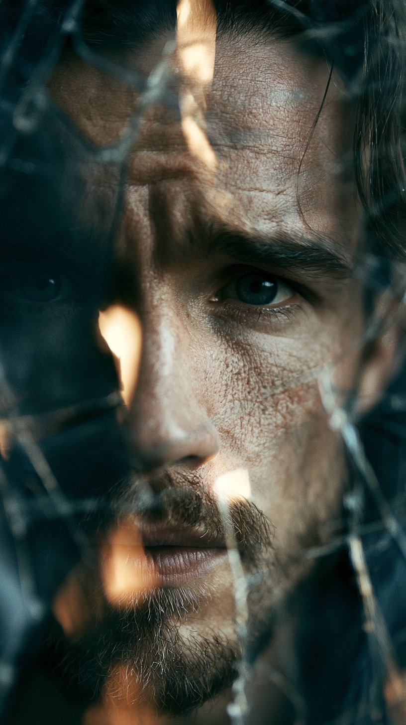 Close-up image of a man's textured face with blue eyes and beard, partially reflected and distorted by broken glass fragments.