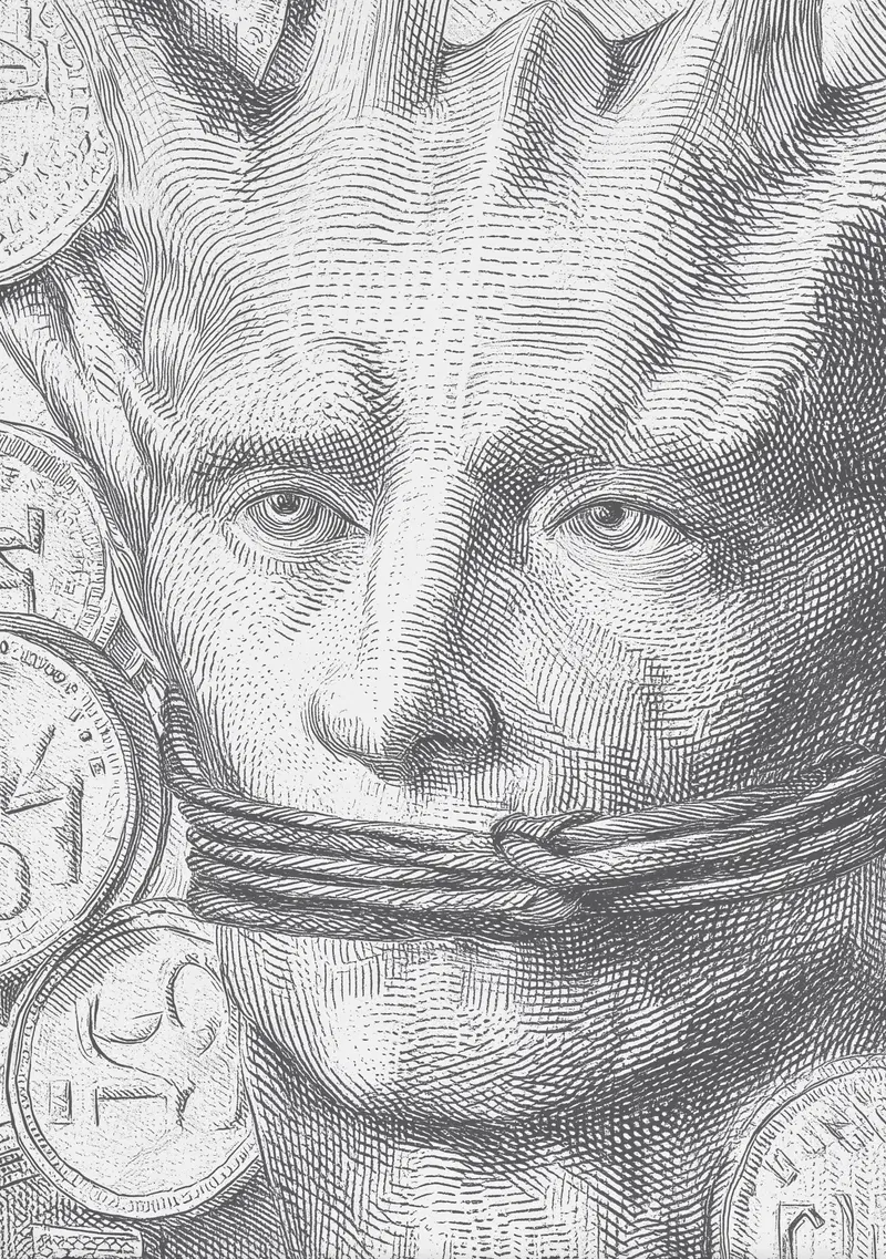 Detailed monochrome sketch of a person's face bound with rope against a backdrop of coins