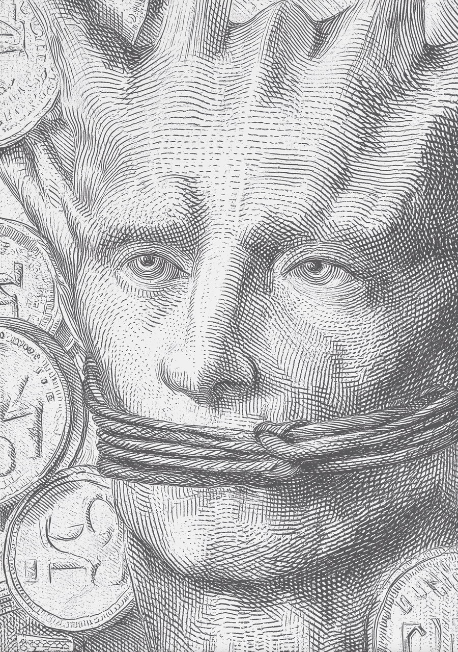 Black and white intricate drawing of a man's face with rope tied around the mouth, surrounded by various coins
