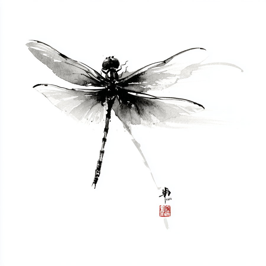Black and white ink painting of a dragonfly with delicate wings and a textured body on a white background, including a red stamp signature at the bottom
