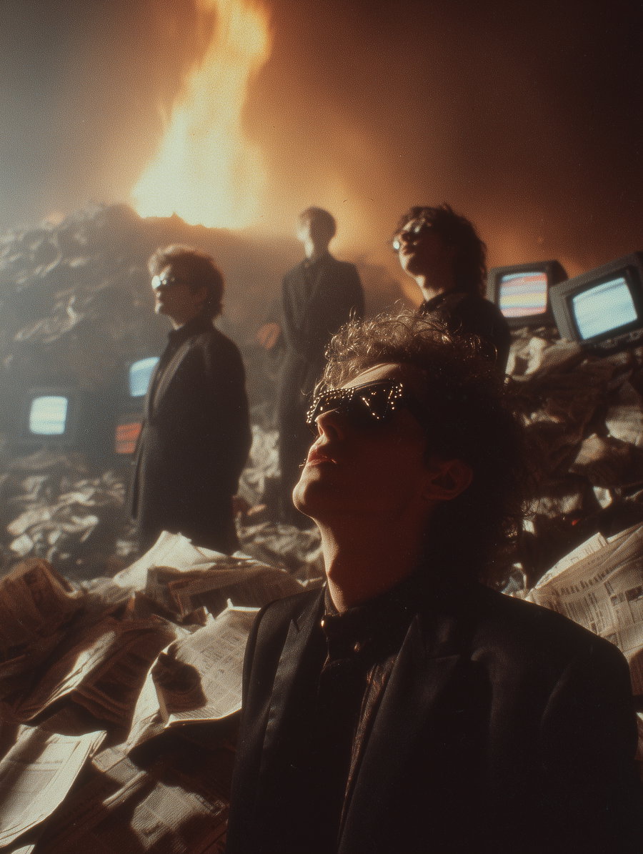 Four people wearing dark clothing and sunglasses stand amidst scattered newspapers with bright orange flames in the background and old monitors around