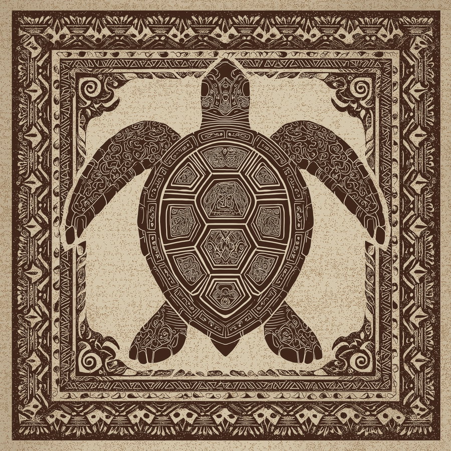 Detailed artistic illustration of a turtle with ornate decorative patterns on its shell and limbs, framed by an elaborate border