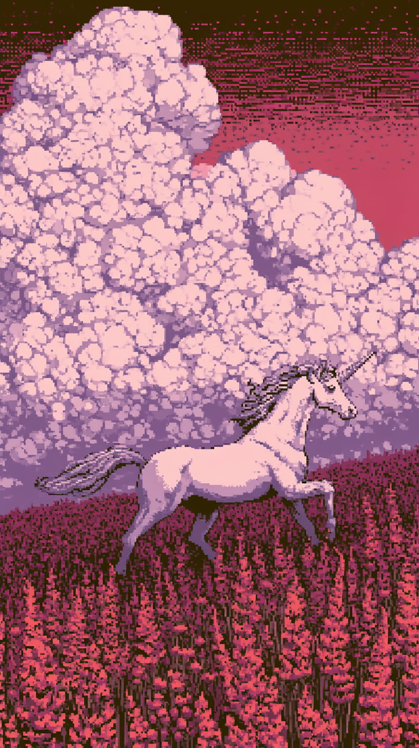 A digital painting of a white unicorn with a raised front hoof running in a field of purple and pink flowers under a large cloud-filled sky with hues of purple and pink.