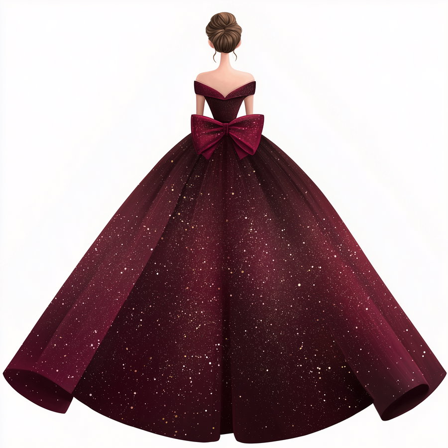 Digital illustration of a woman seen from behind wearing a voluminous off-shoulder burgundy ball gown with a large bow and sparkly details