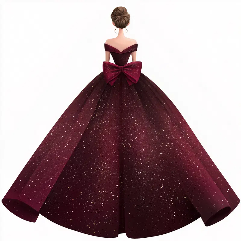 Elegant romantic illustration of a woman in a sparkling burgundy ball gown