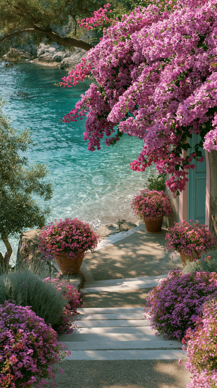Stone stairs bordered by vibrant pink flowers and potted plants, with a tree arching overhead, leading down to turquoise coastal water