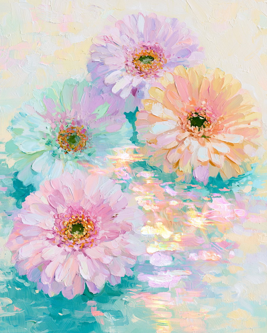 Impressionistic painting of four pastel-colored gerbera flowers with visible brush strokes and a light, colorful background