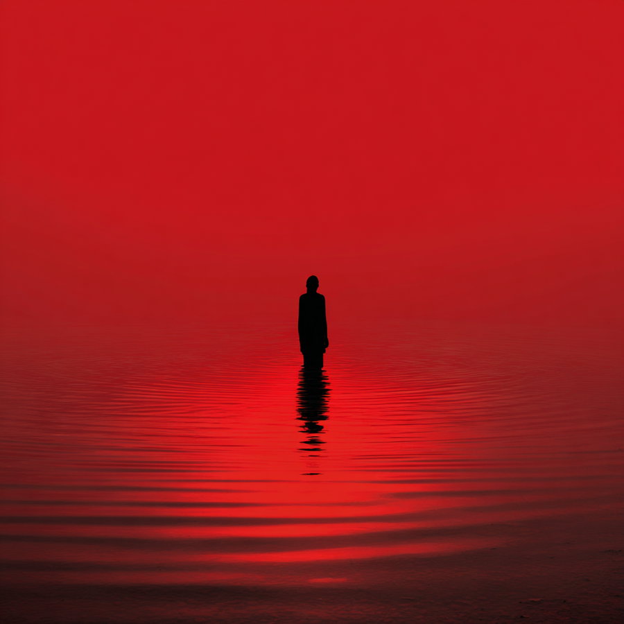 Silhouette of a person standing in water with ripples, set against a vivid red sky background