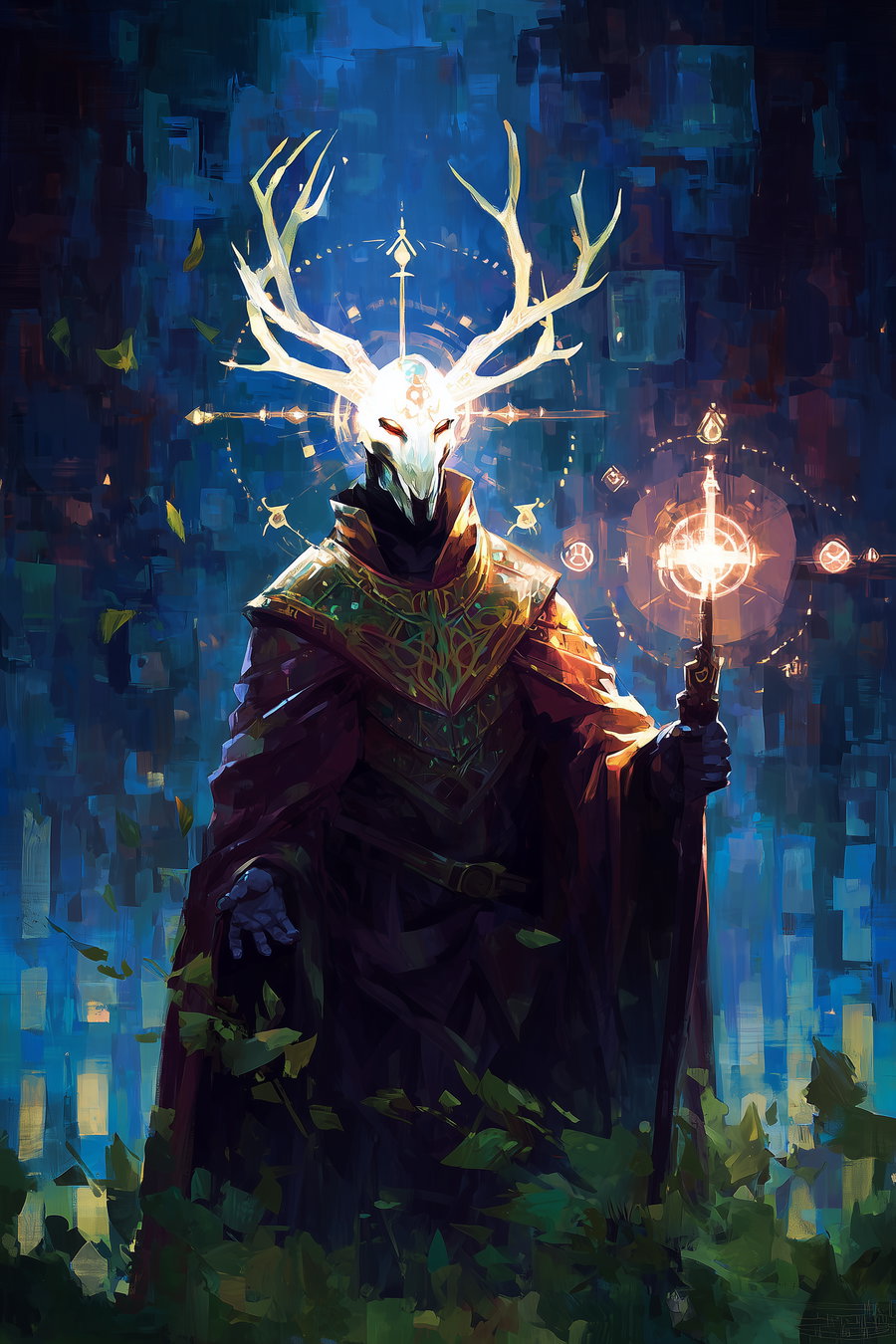A dark fantasy digital painting depicting a robed figure with a glowing stag skull mask and antlers, holding a magical staff emitting light, surrounded by floating leaves and mystical symbols in a blue and dark background