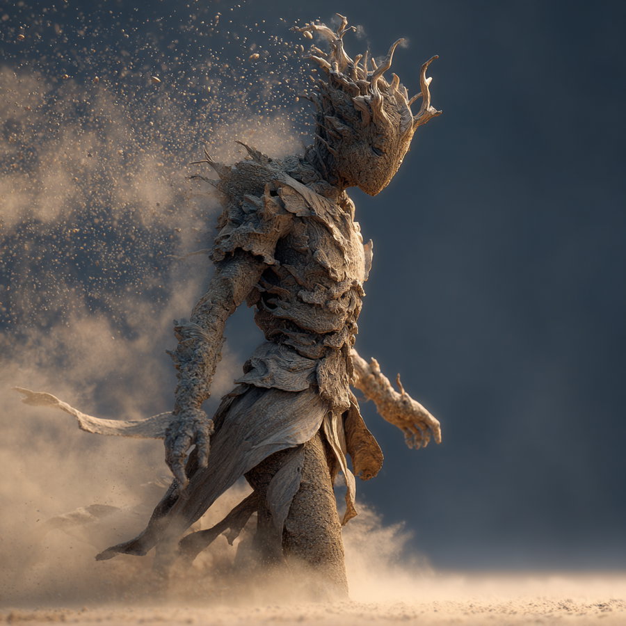 A humanoid figure made of wood and bark walking through dust with a textured, natural appearance and intricate details on the body