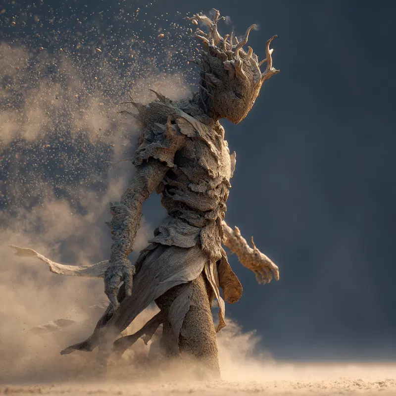 Detailed Sculptural Fantasy Figure Made of Wood and Bark