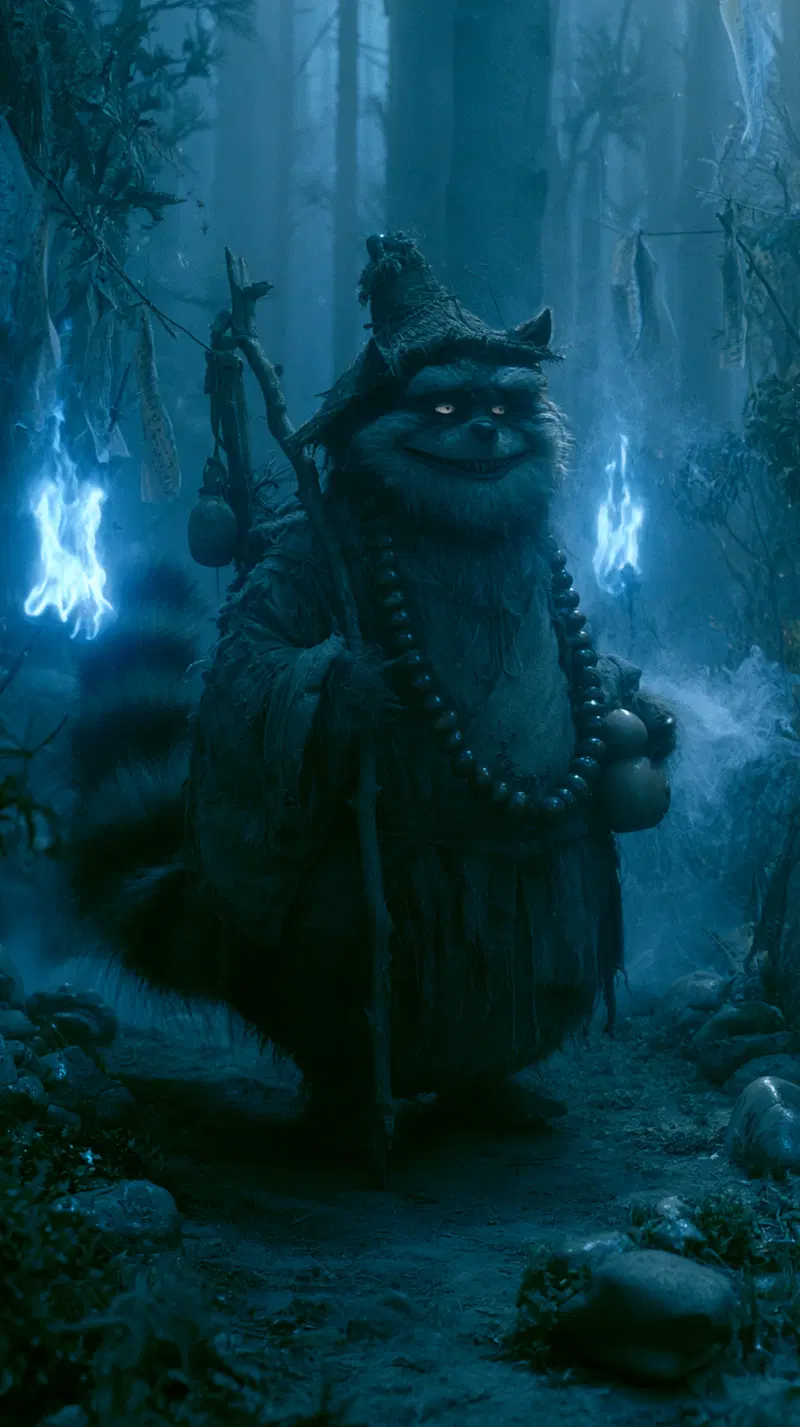 Dark and mystical forest scene with a figure in creepy raccoon costume