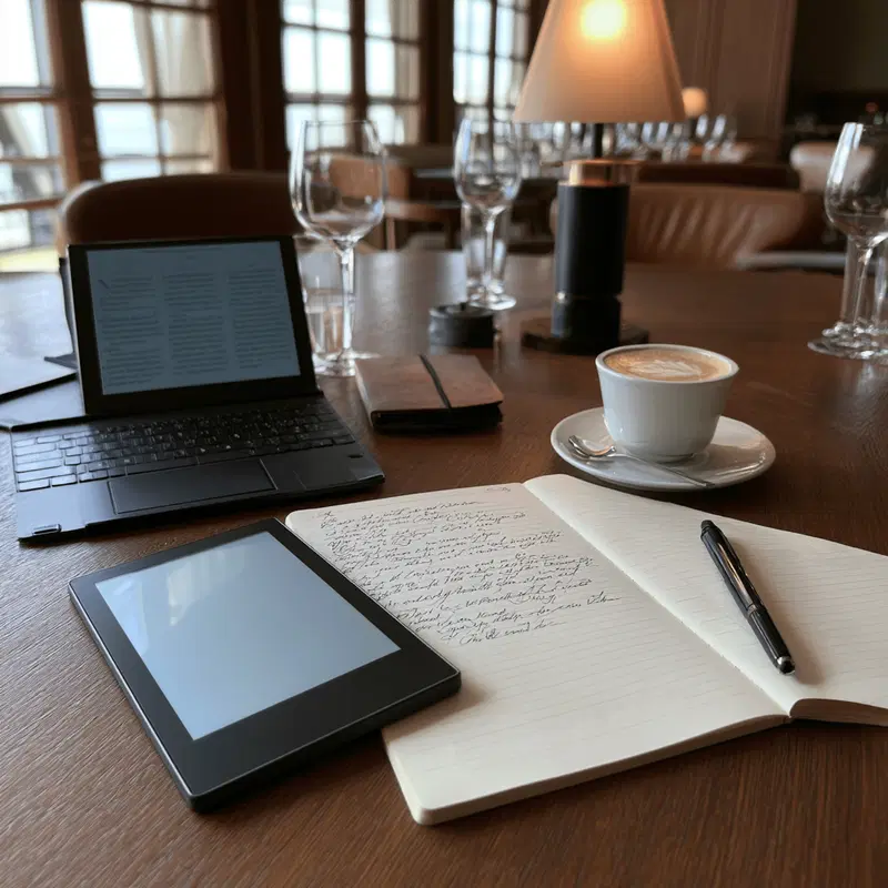 Cozy office setup with coffee cup, tablet, laptop, and notebook on wood table