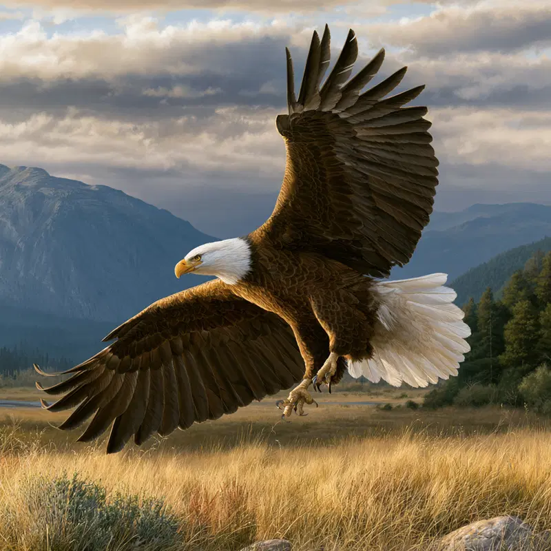 Majestic bald eagle soaring over golden grassland under cloudy sky