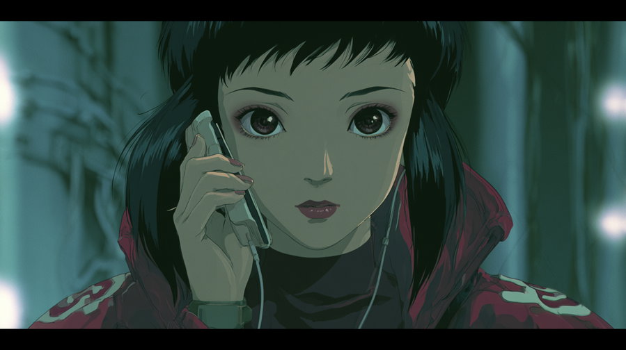 Close-up digital portrait of an anime woman with short black hair, large expressive eyes, wearing a red jacket, holding a phone to her ear and wearing headphones.