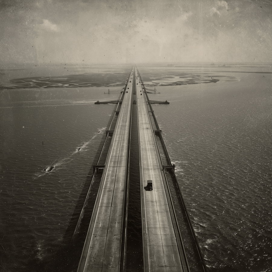 Black and white photo of a long, narrow bridge over water, with sparse vintage cars and a foggy horizon