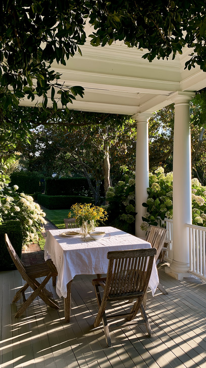 A sunlit porch with white wooden columns and railings, a table covered with a white cloth, four weathered wooden chairs, and a vase of yellow flowers. Surrounding lush greenery and blooming white flowers create a serene atmosphere.