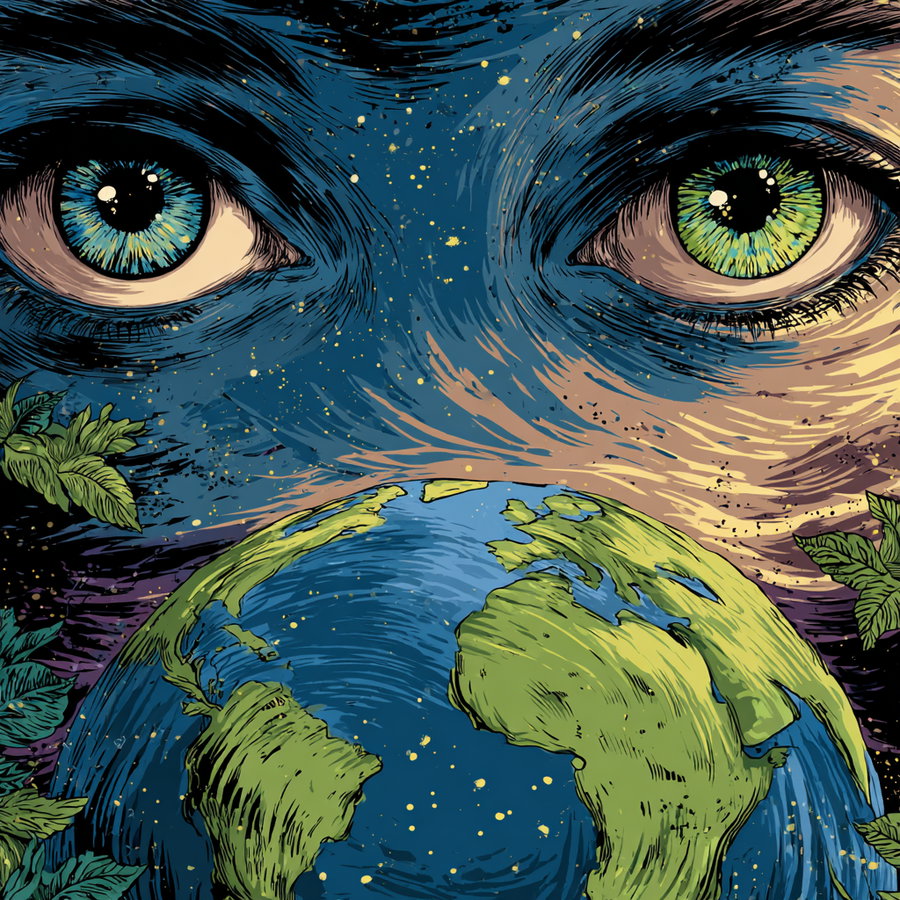 Artistic illustration showing two large human eyes above a detailed Earth globe with green leaves and a starry background