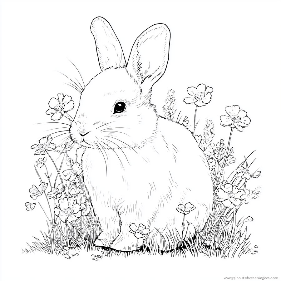 Black and white detailed drawing of a rabbit sitting among grass and small flowers