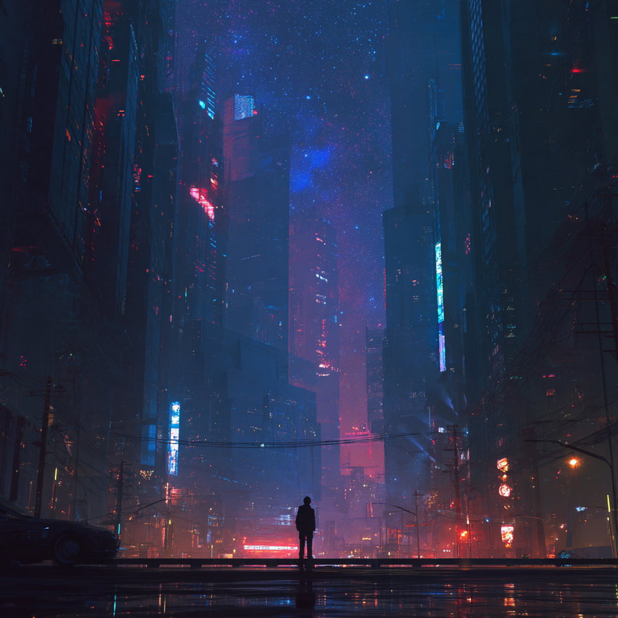 A silhouette of a person standing in a dimly lit futuristic city street surrounded by tall buildings illuminated by neon lights against a starry night sky