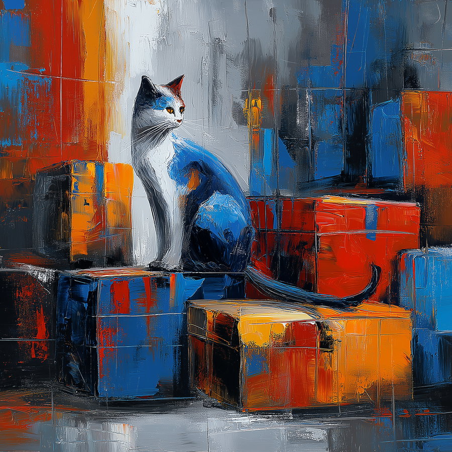 Painting depicting a cat with white and blue fur sitting on stacked boxes painted in vibrant shades of blue, orange, and yellow with an abstract textured background