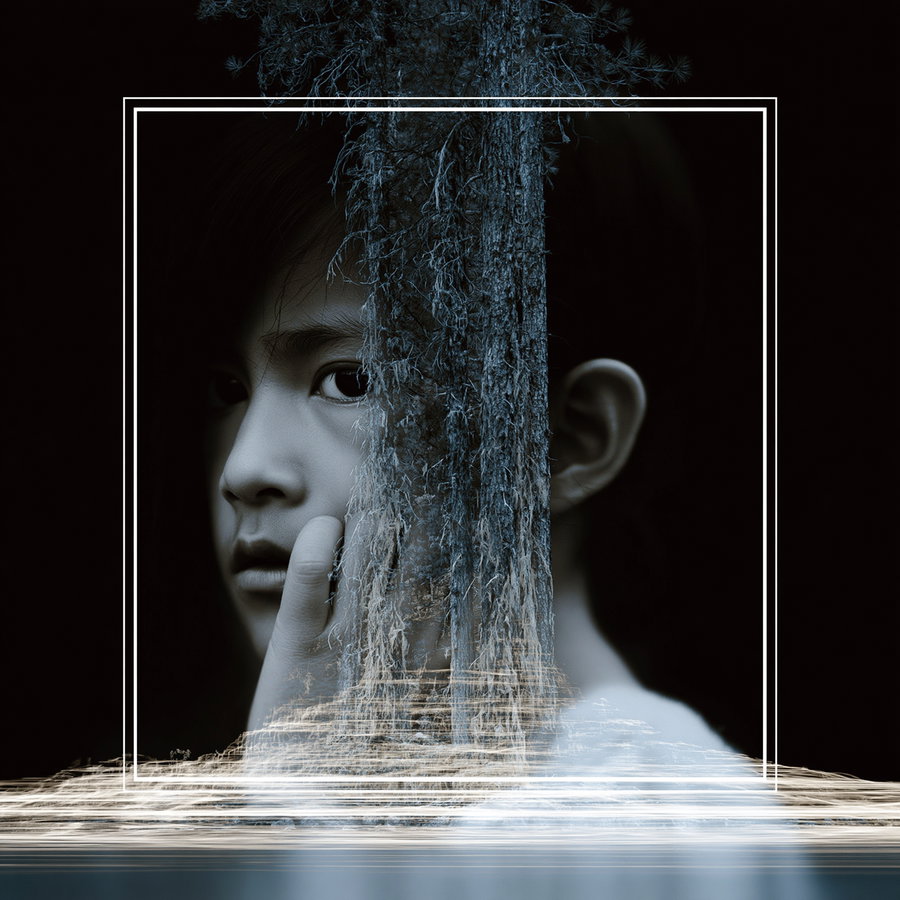 Artistic monochrome image showing a girl's face partially obscured and merged with intricate natural textures resembling moss or roots, within a minimal square frame