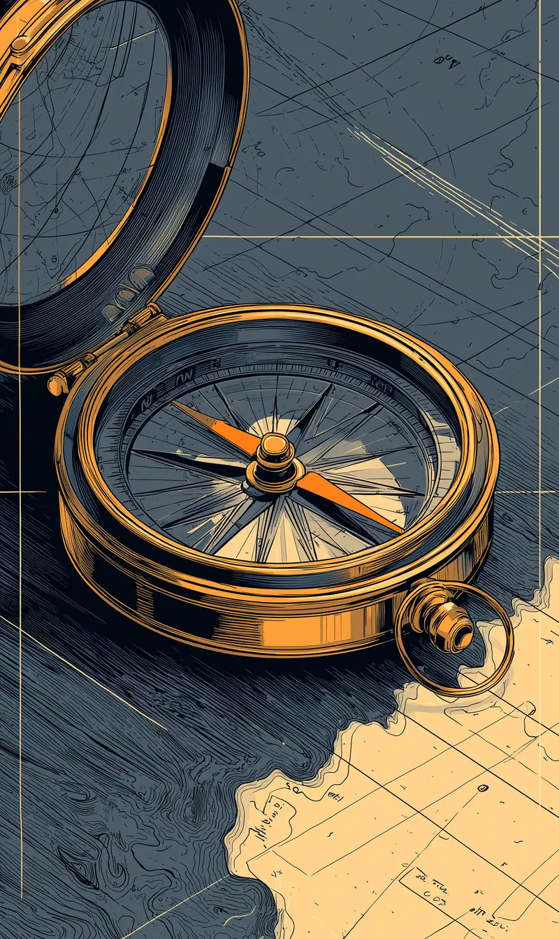 Detailed illustration of a vintage compass on a nautical map background