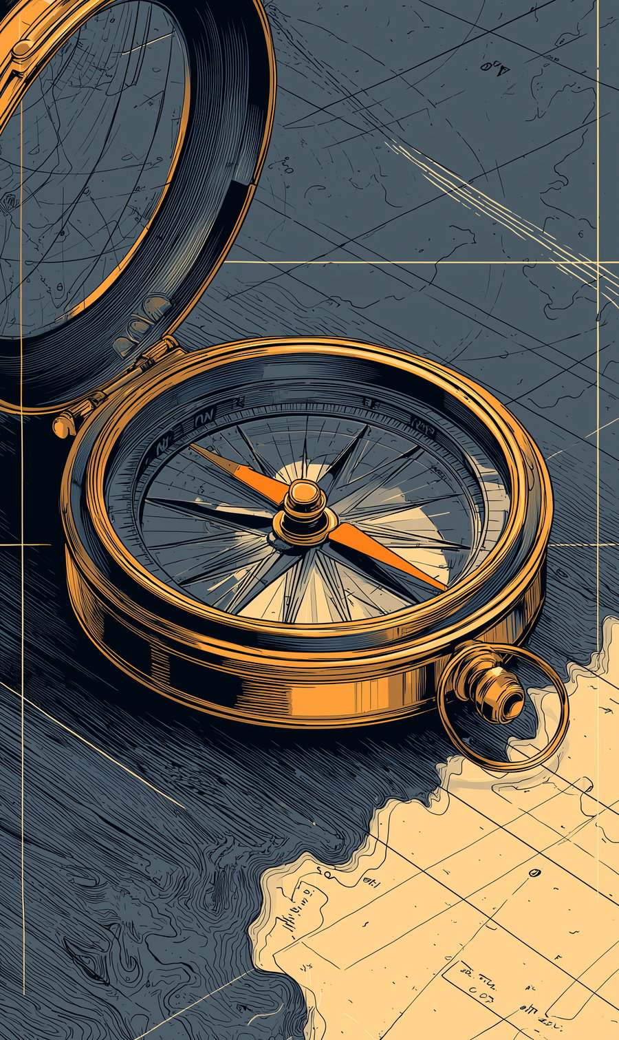 A golden vintage compass with an open lid resting on a dark wooden surface over a nautical map with detailed lines and coordinates
