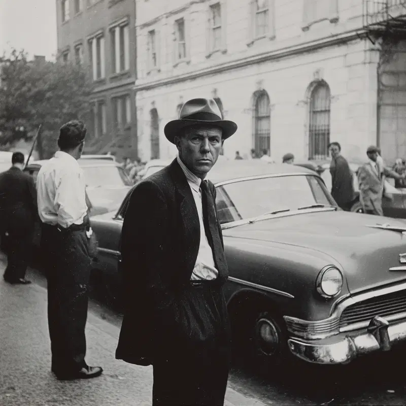 Vintage street scene with man in hat beside classic car in black and white