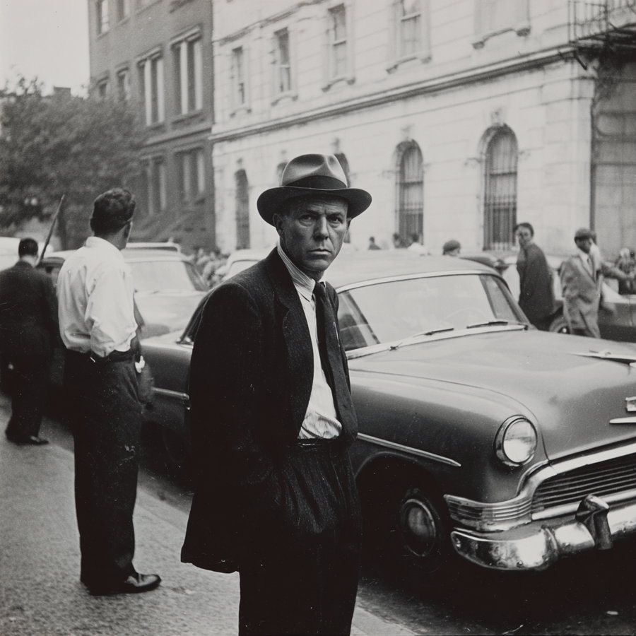 Black and white photo of a man wearing a hat and suit standing beside a classic car on a city street with other people and buildings in the background